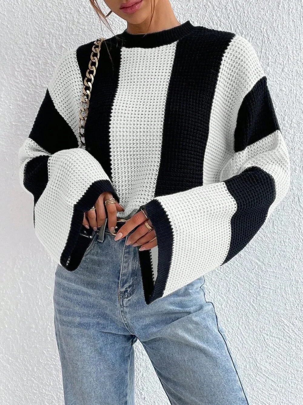 Black And White Casual Women's Color Block Striped Batwing Sleeve Loose Sweater